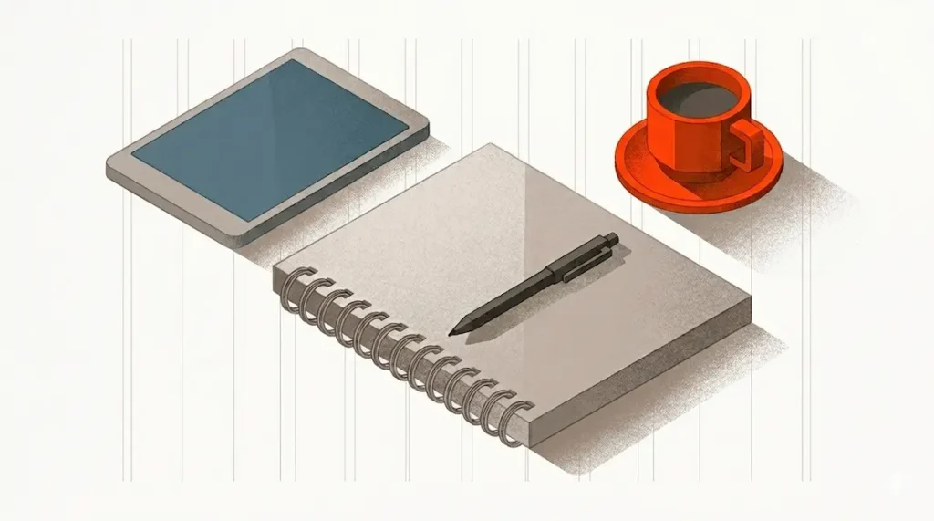 illustration d'un bloc et d'une tablette avec une tasse à café orange