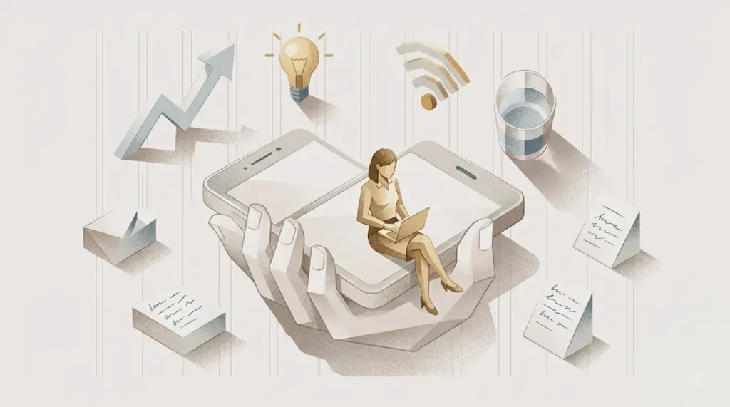 illustration femme qui ecrit pour internet avec des indicateurs autour d'elle pour la page redaction web seo